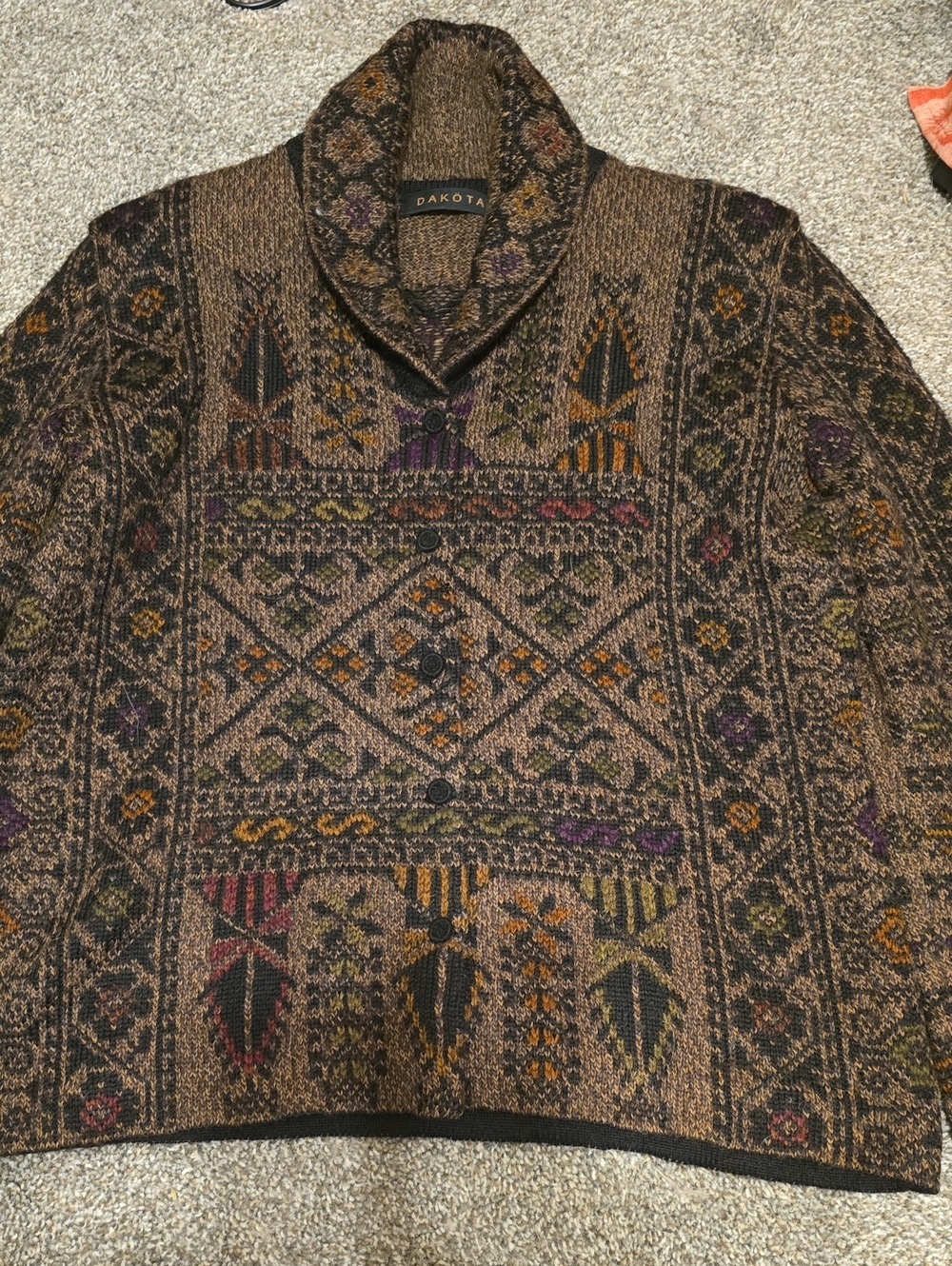 Brown Patterned Shawl Collar Sweater